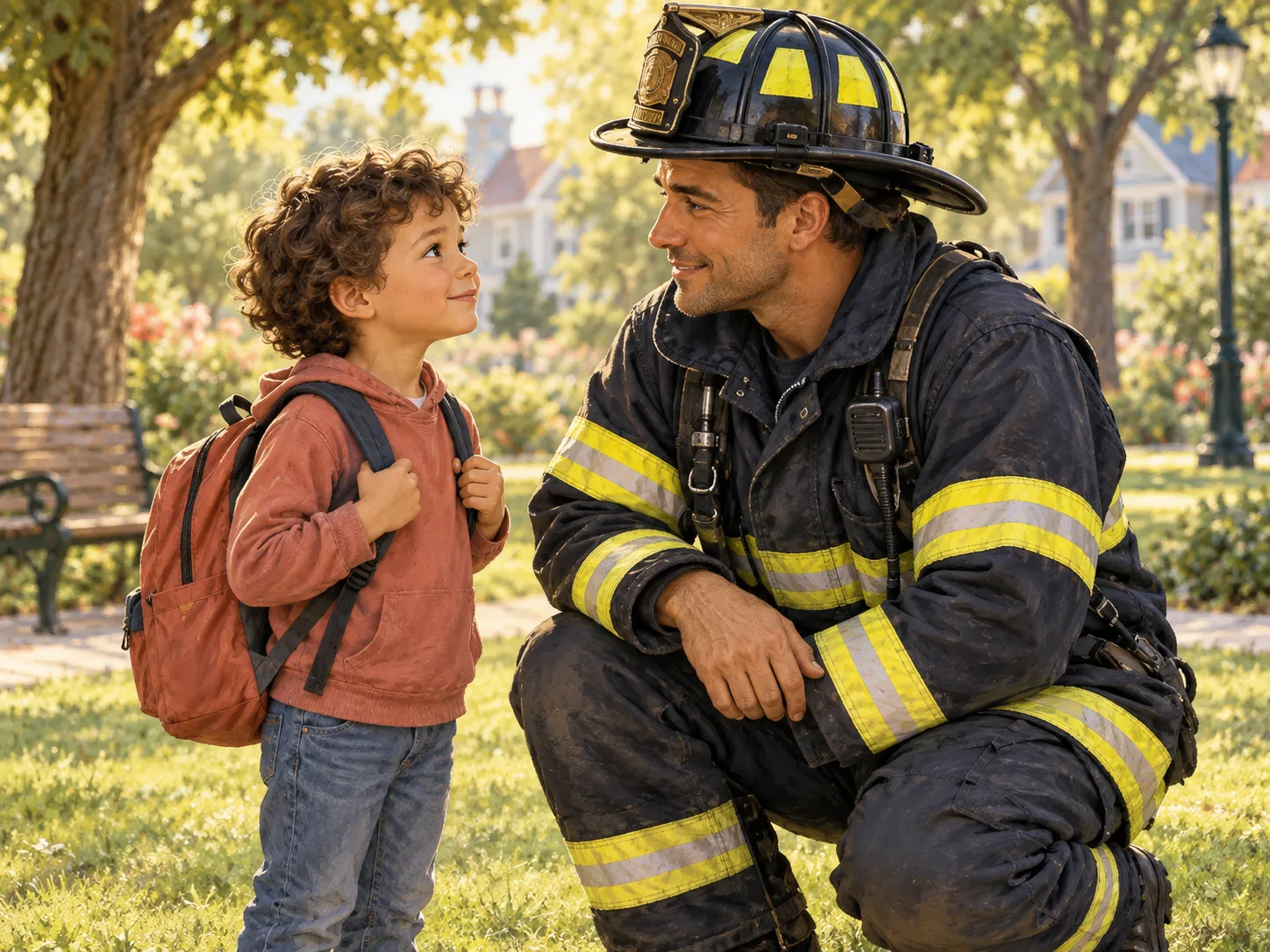 Illustration of a firefighter kneeling to speak with a child