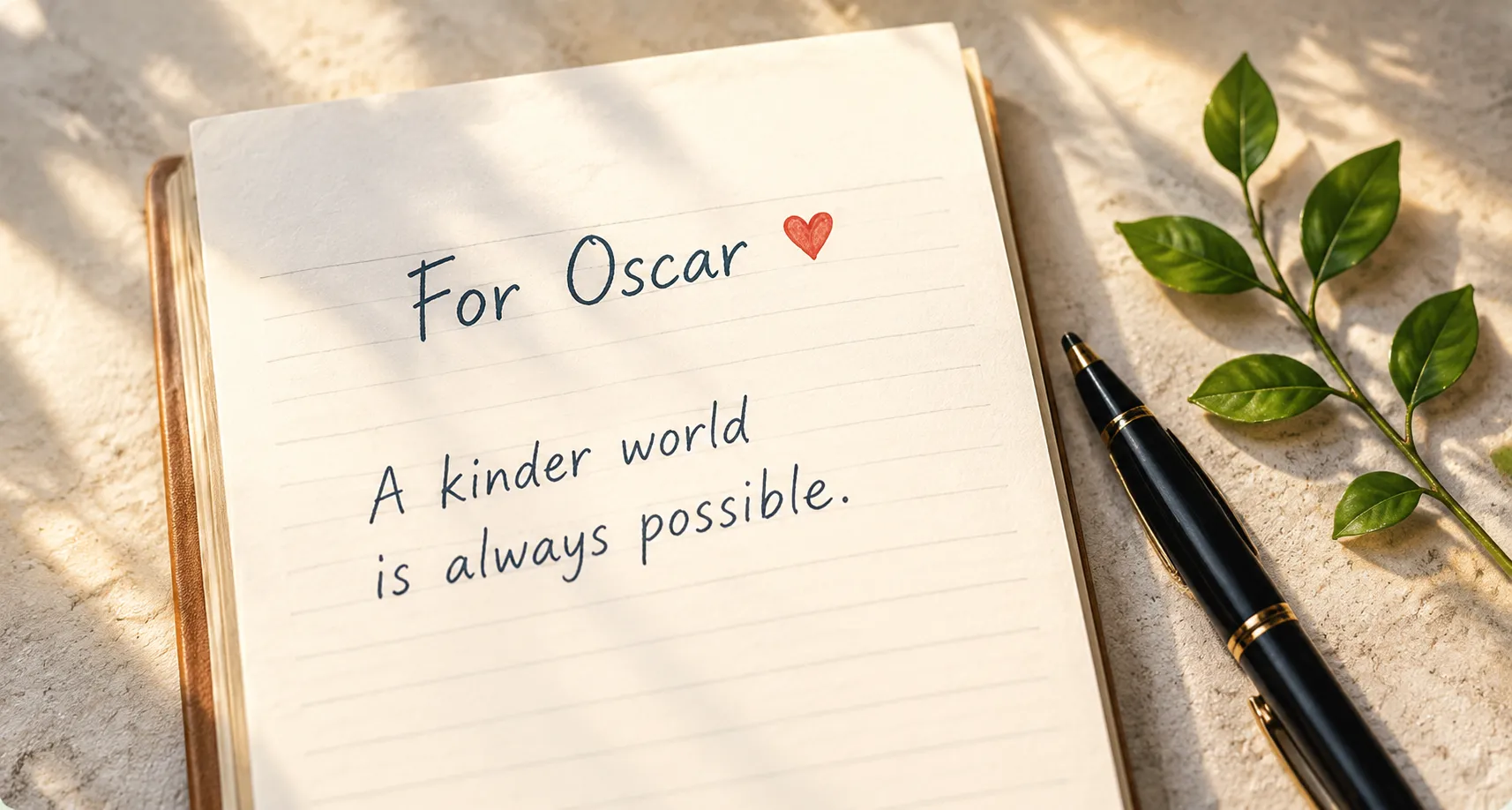An open notebook with a dedication to Oscar, beside a pen and green leaves