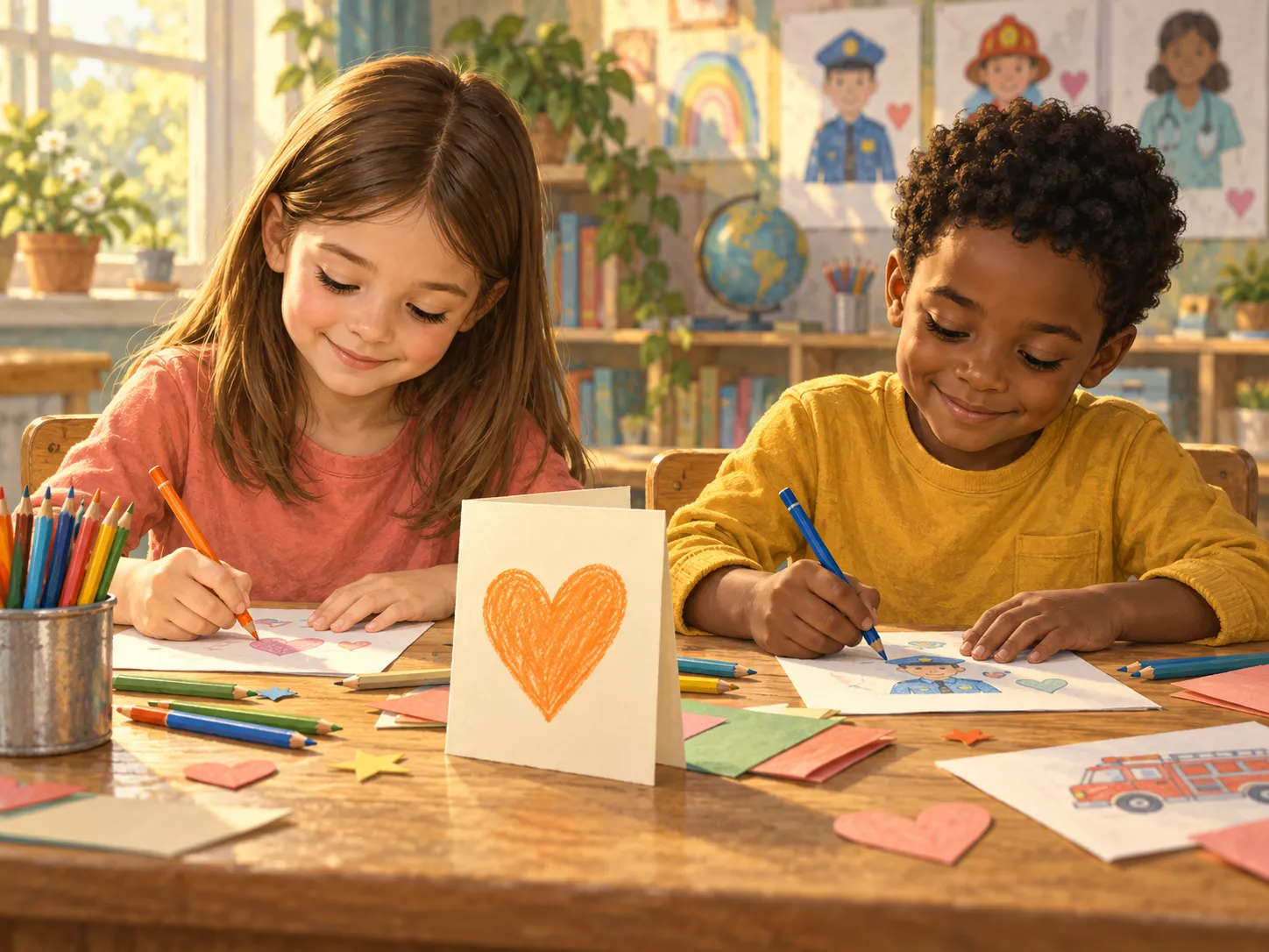 Illustration of two children making appreciation cards for community helpers