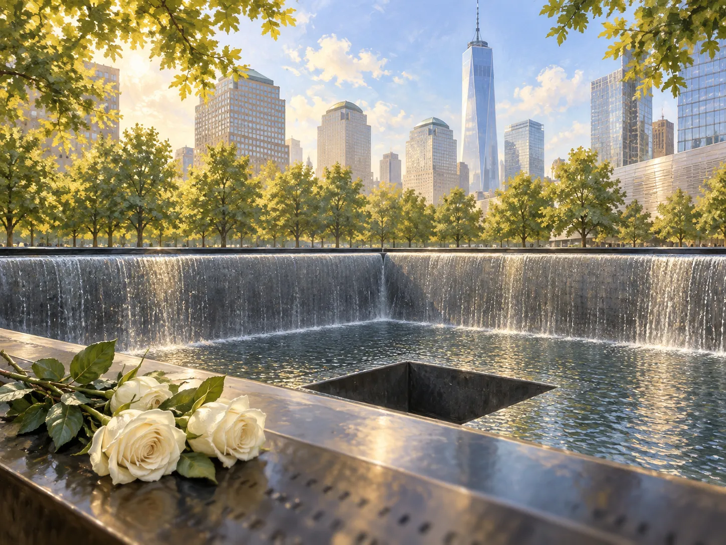 Illustration of white roses beside a September 11 memorial reflecting pool