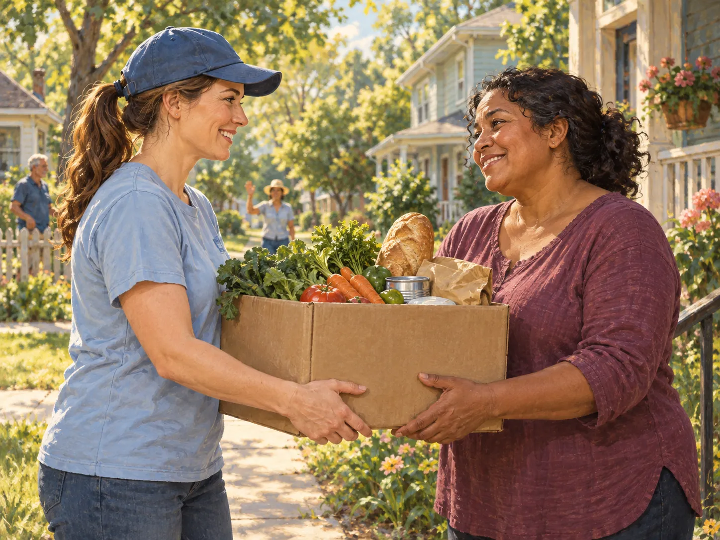 Illustration of neighbors sharing a box of food and supplies