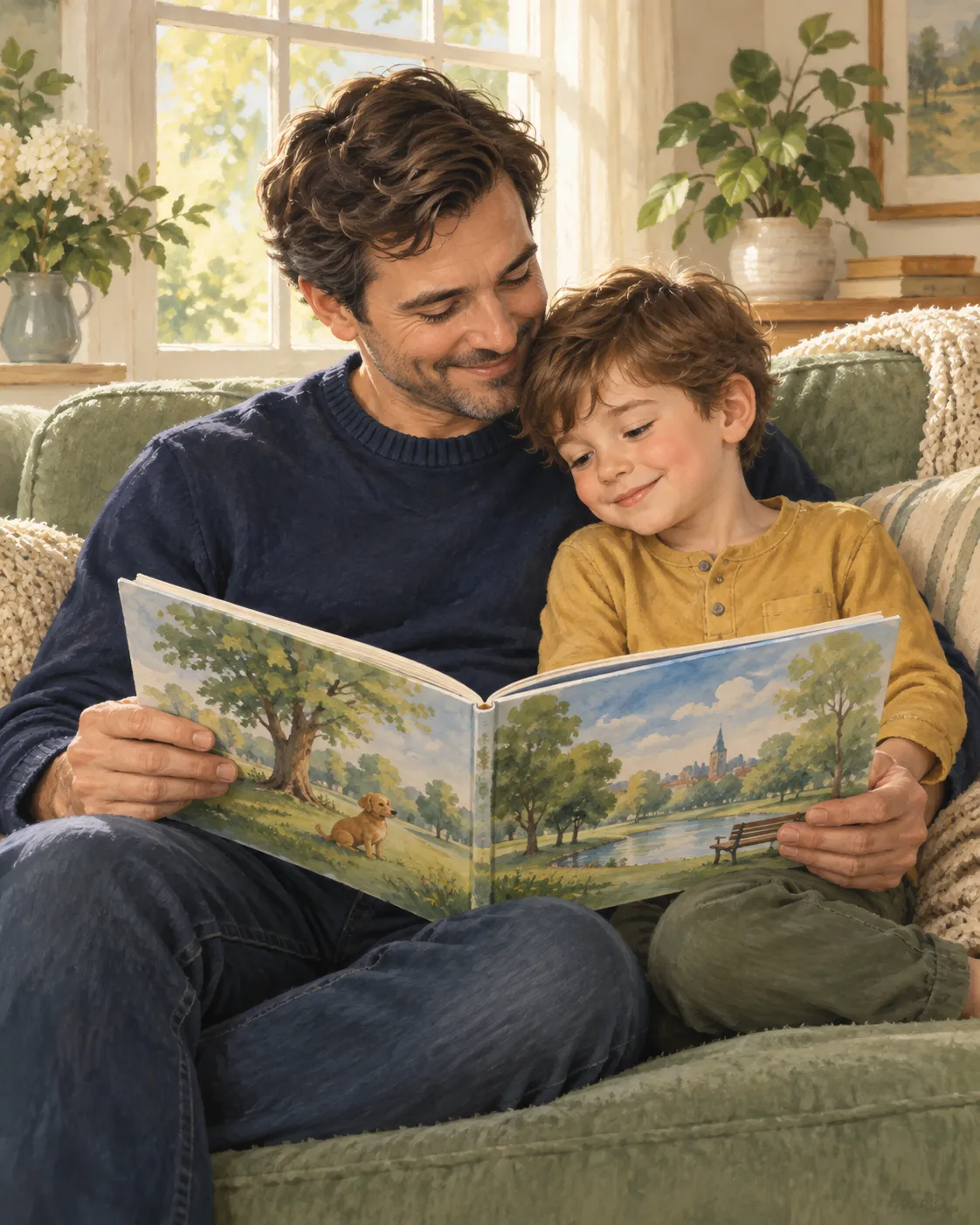 Illustration of a father and son reading together on a sofa